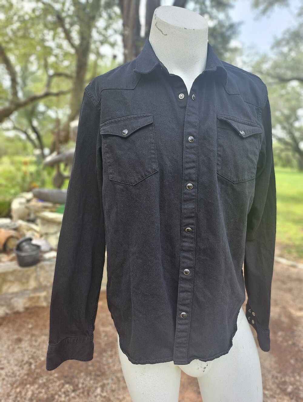 DSTLD Black Denim Long Sleeve Western Shirt Snap Buttons Chest Pockets XL